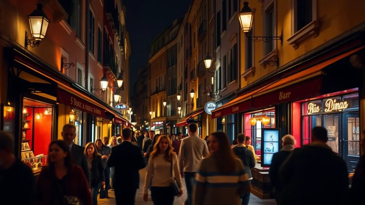 Imaxe xenérica dunha rúa de Pontevedra con bares iluminados e xente paseando, suxerindo un festival de música.