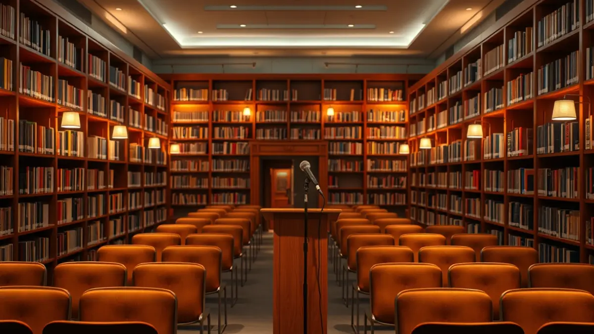 Imaxe xenérica dun auditorio ou sala de concertos con cadeiras baleiras e un micrófono.