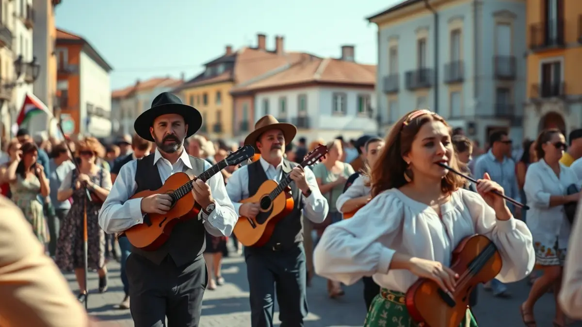 Imaxe dunha agrupación folclórica galega desfilando nunha rúa.