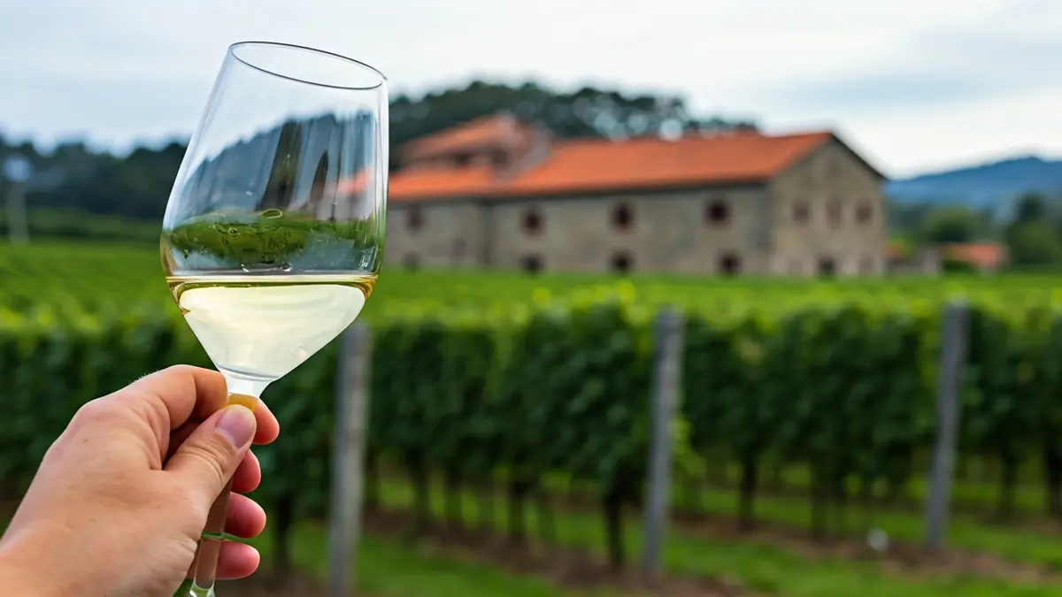 Imaxe dunha man sostendo unha copa de viño nunha adega galega.