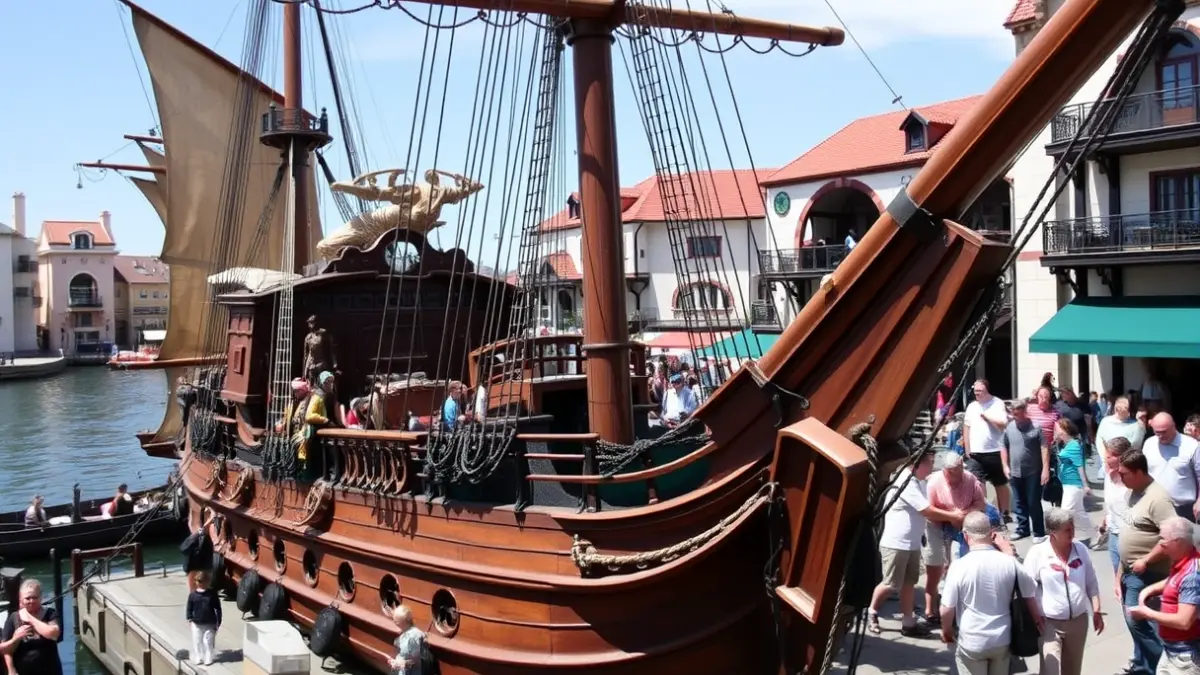 Réplica del Galeón Andalucía atracado en el puerto de A Coruña, con visitantes a bordo.