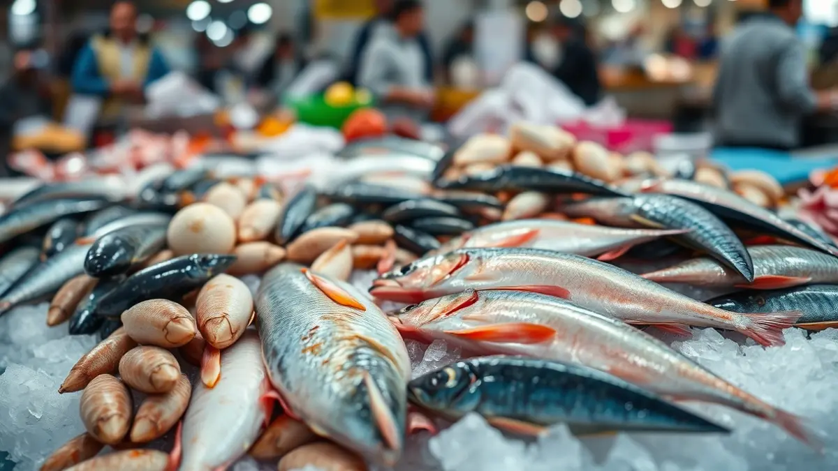 Imaxe xenérica de produtos do mar frescos nun mercado.