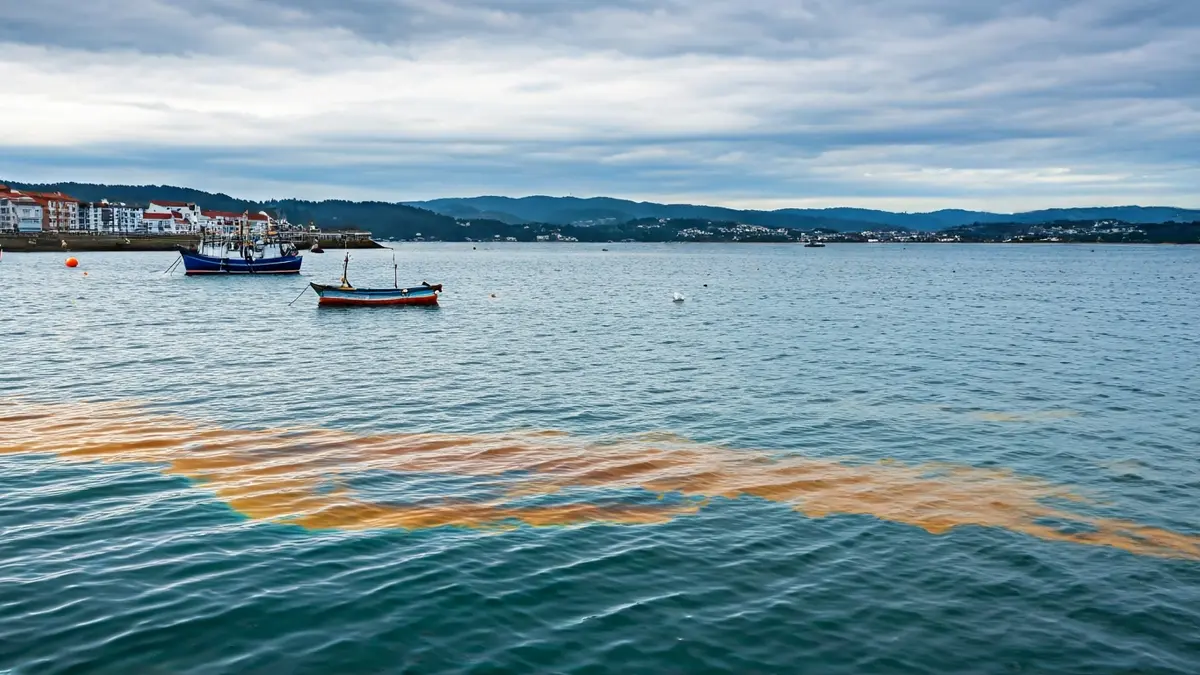 Imaxe dunha mancha de contaminación mariña preto da costa galega.