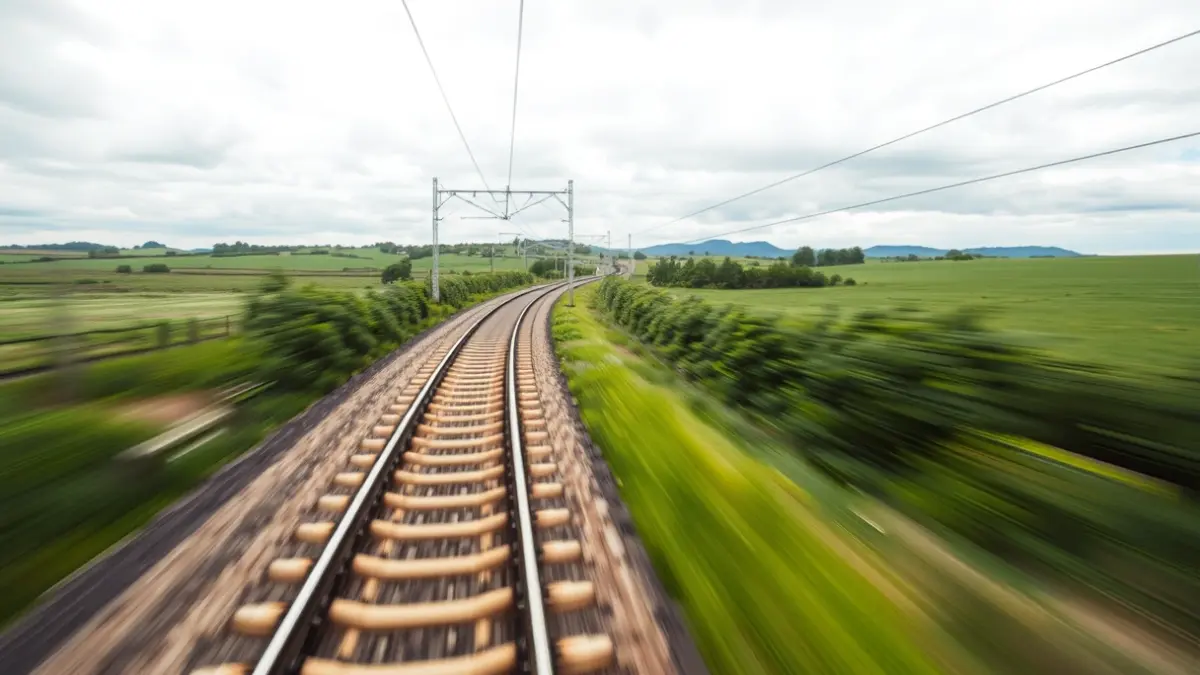 Imaxe xenérica dunha vía de tren de alta velocidade nunha paisaxe galega.