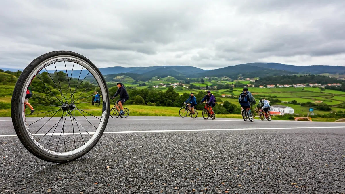 Imaxe xenérica dunha roda de bicicleta nunha estrada galega.