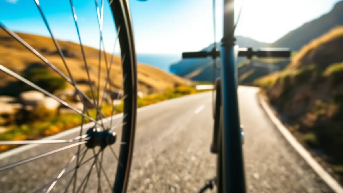 Imaxe dunha roda de bicicleta nunha estrada sinuosa que ascende cara a un monte con vistas ao mar.
