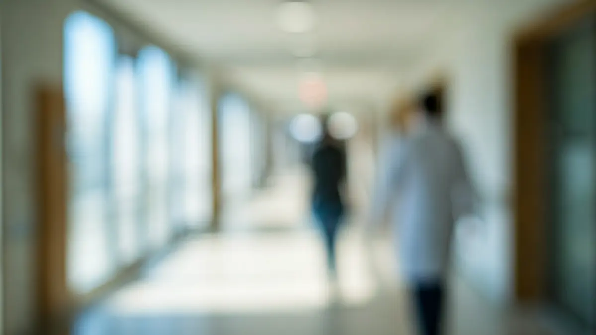 Imaxe xenérica do interior dun hospital moderno, con corredores luminosos e persoal médico difuminado.