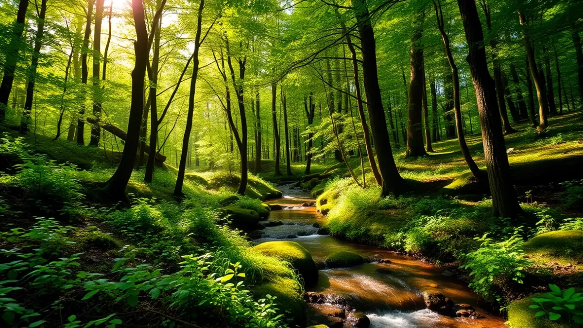 Imaxe dunha paisaxe natural galega, con árbores e un río, que evoca a temática dun campamento de verán.