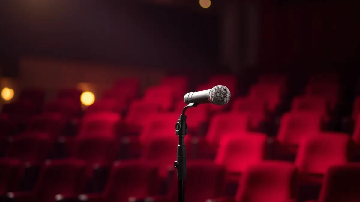 Imaxe xenérica dun micrófono nun escenario de teatro.