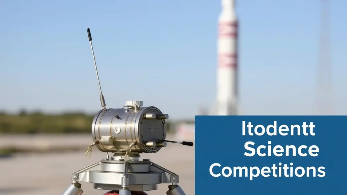 Imaxe dun pequeno satélite modelo nunha plataforma de lanzamento, simbolizando un proxecto científico estudantil.