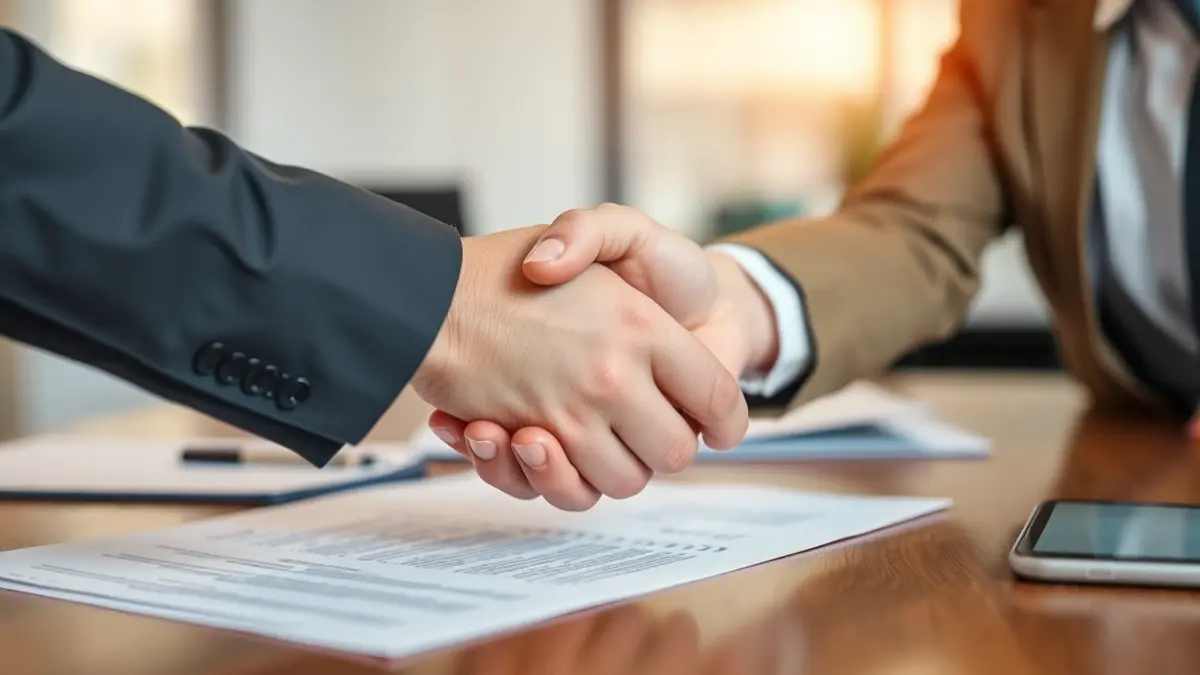 Imaxe xenérica de dúas mans estreitándose sobre un escritorio, simbolizando colaboración e investimento.
