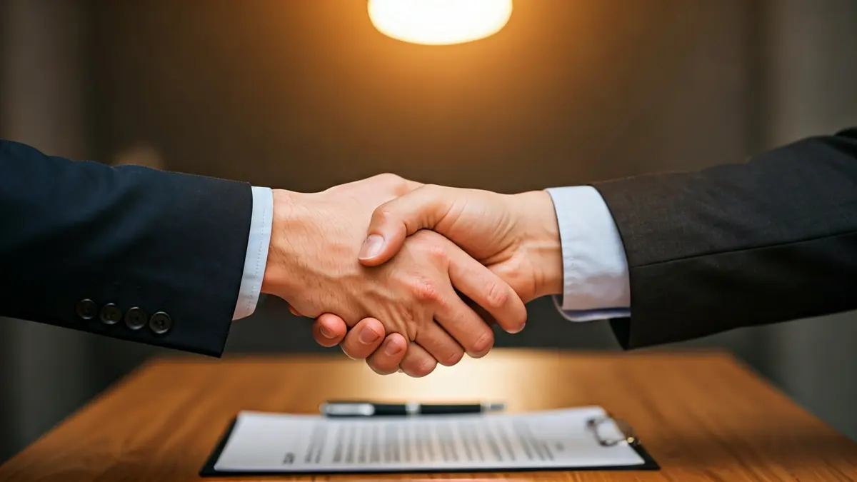 Imaxe xenérica de dúas mans estreitándose sobre un escritorio, simbolizando confianza e acordo.