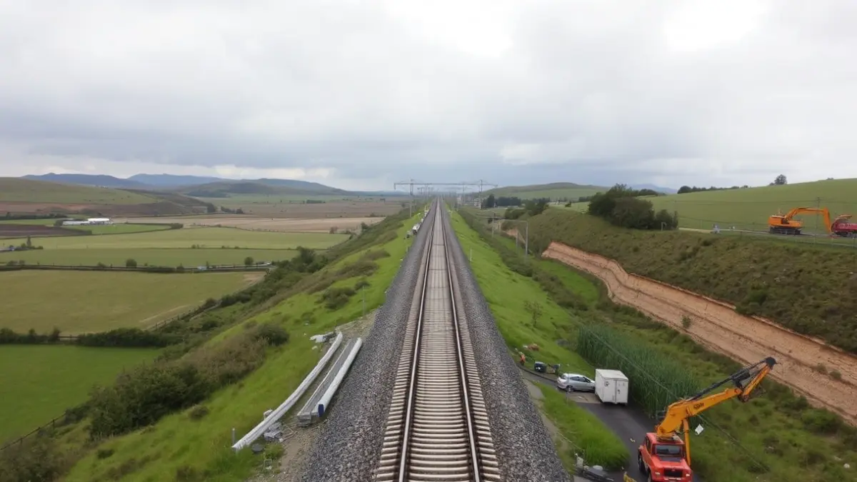 Imaxe xenérica dunha vía de tren de alta velocidade en construción nunha paisaxe galega.