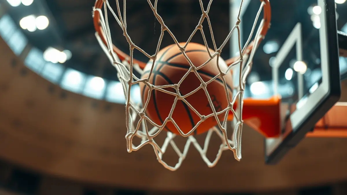 Imaxe xenérica dunha canastra de baloncesto co balón pasando pola rede.