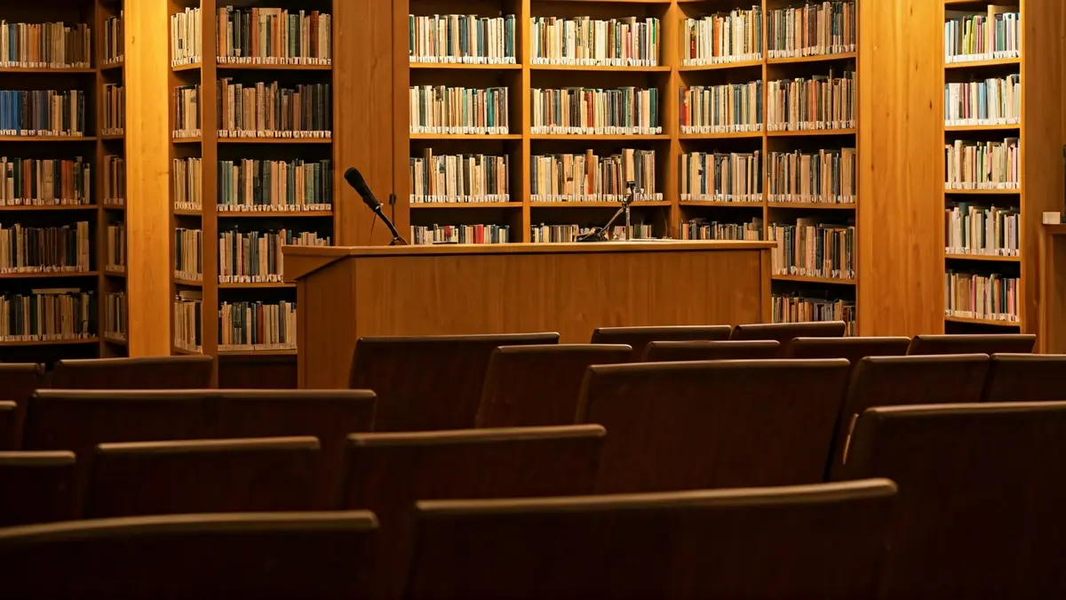 Imagen genérica de un interior de biblioteca con estanterías de madera y un podio con micrófono, evocando un ambiente cultural.