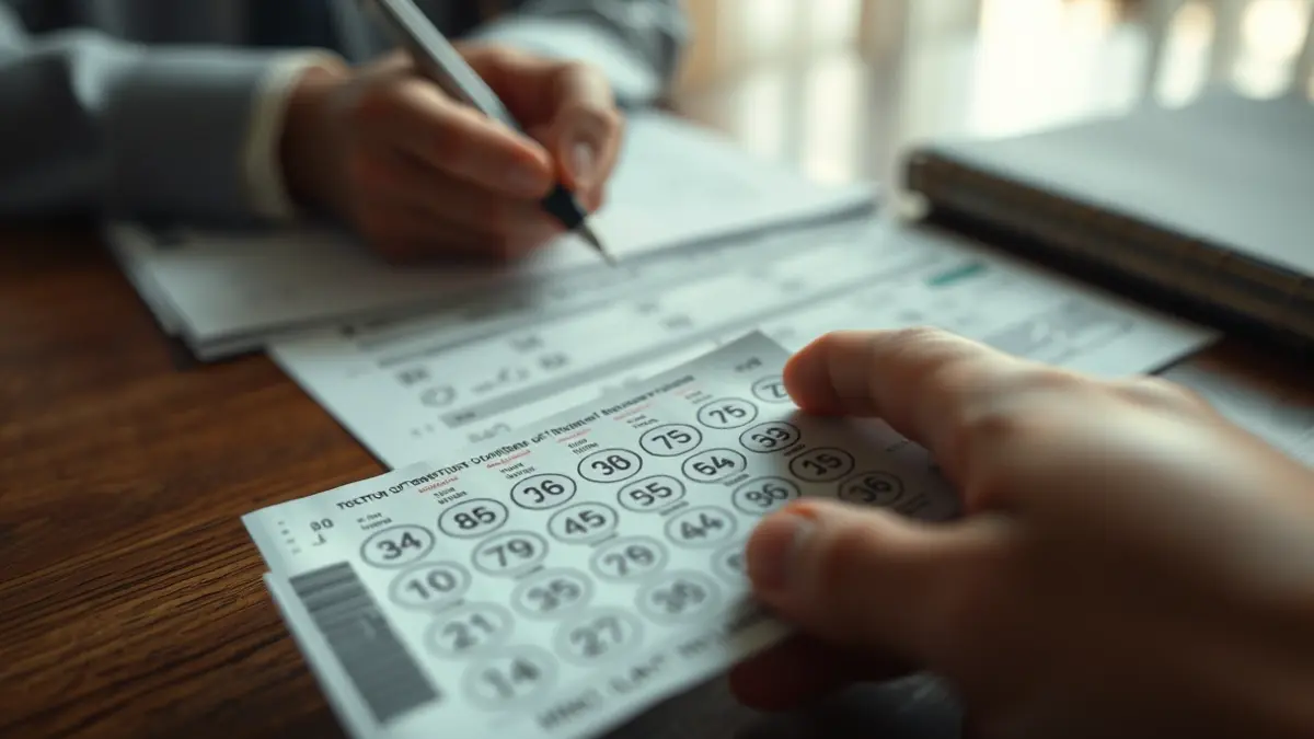 Imagen de un boleto de lotería y documentos legales sobre una mesa.