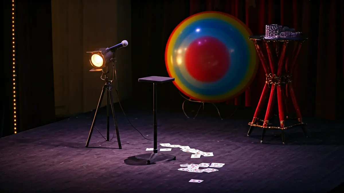 Imaxe xenérica dun escenario de maxia con elementos como cartas, globos e un micrófono.