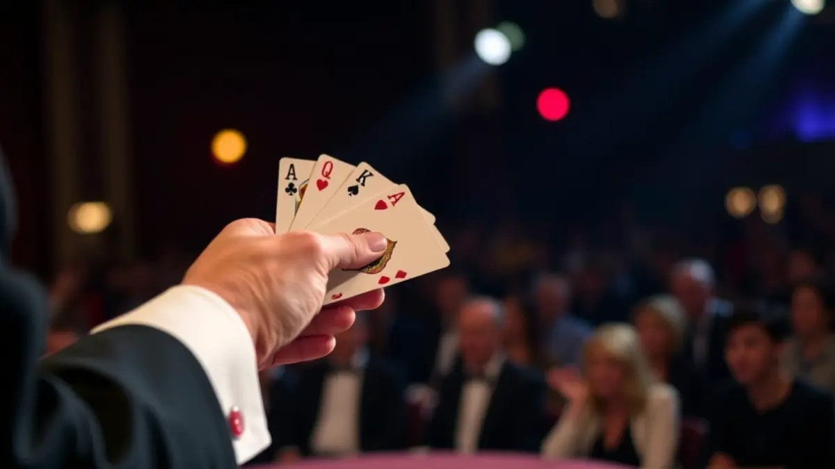 Imagen genérica de un mago realizando un truco de cartas en un escenario.