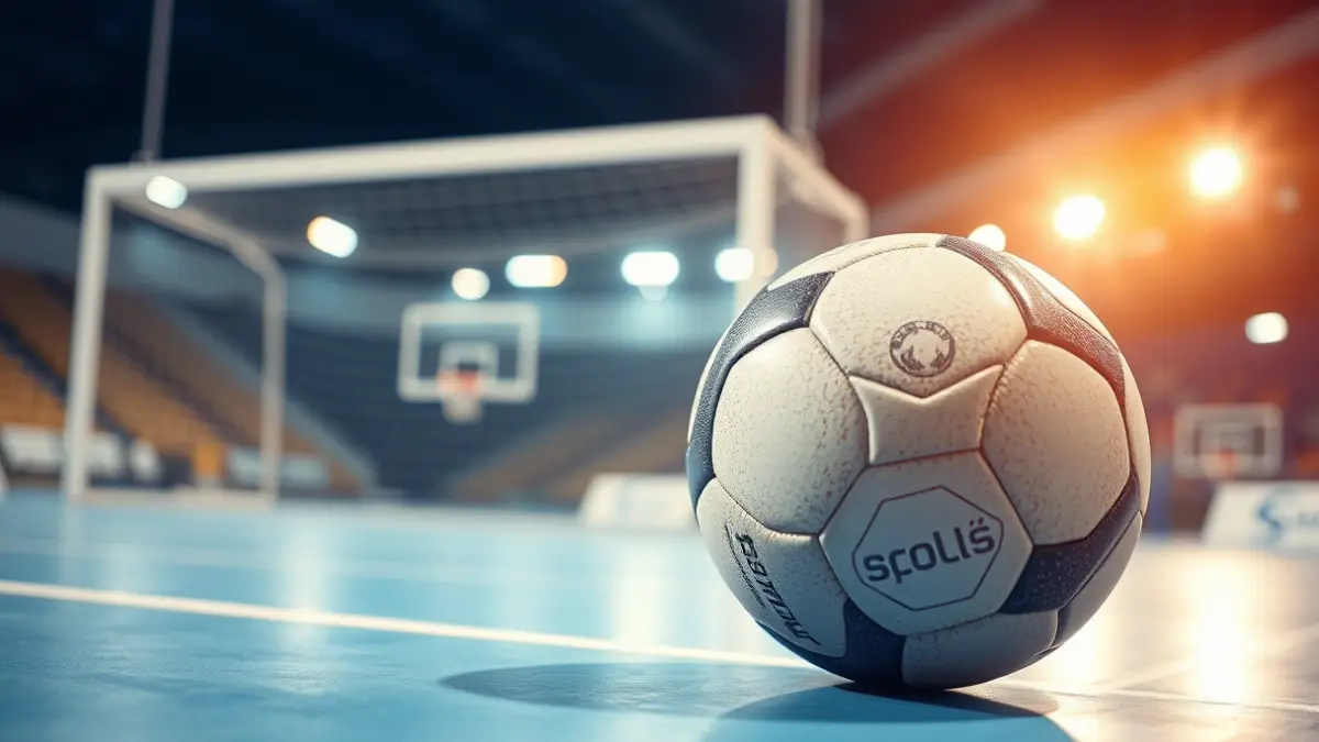 Imaxe xenérica dun balón de balonmán nunha pista, coa portería ao fondo.