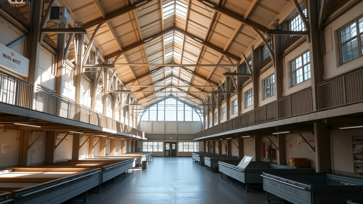 Imaxe do interior dun mercado de abastos renovado, con luz natural e espazos amplos.