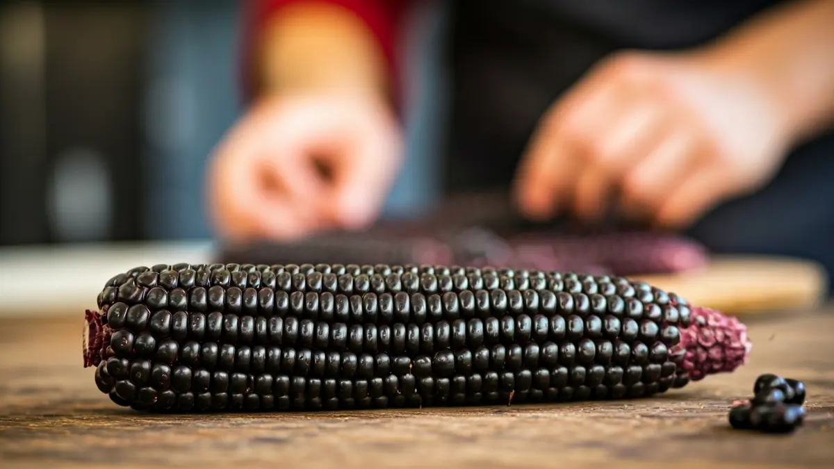 Imaxe de millo corvo sobre unha mesa de madeira, con mans preparando comida tradicional galega ao fondo.