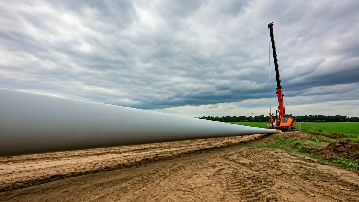 Imaxe dunha pa de aeroxerador no chan, simbolizando a paralización dun proxecto eólico.