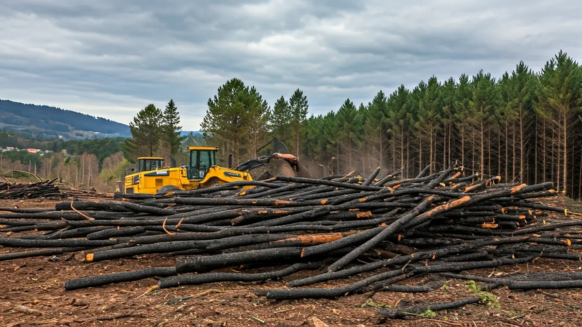 Madera quemada y maquinaria pesada en una zona forestal afectada por incendios en Ourense.