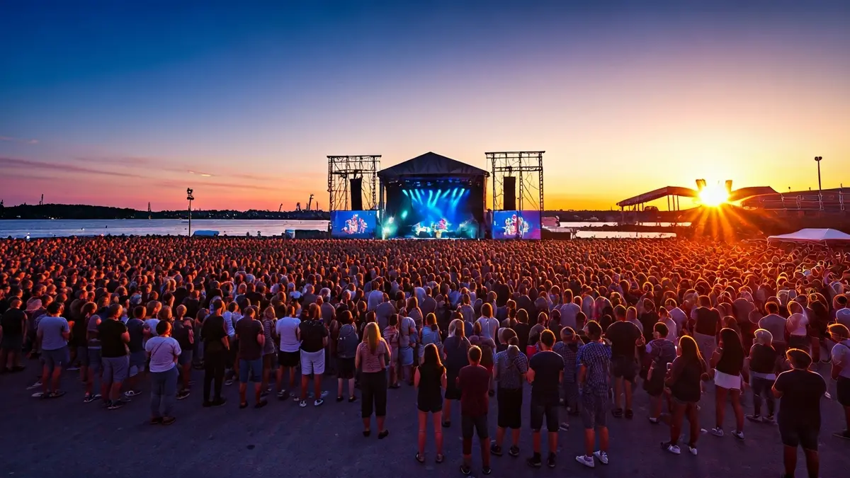 Imagen genérica de un festival de música al aire libre al anochecer, con luces de escenario y una multitud borrosa.