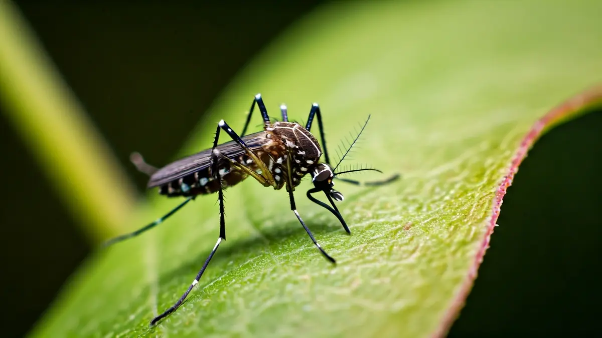 Imaxe xenérica dun mosquito tigre cunha raia branca no tórax.
