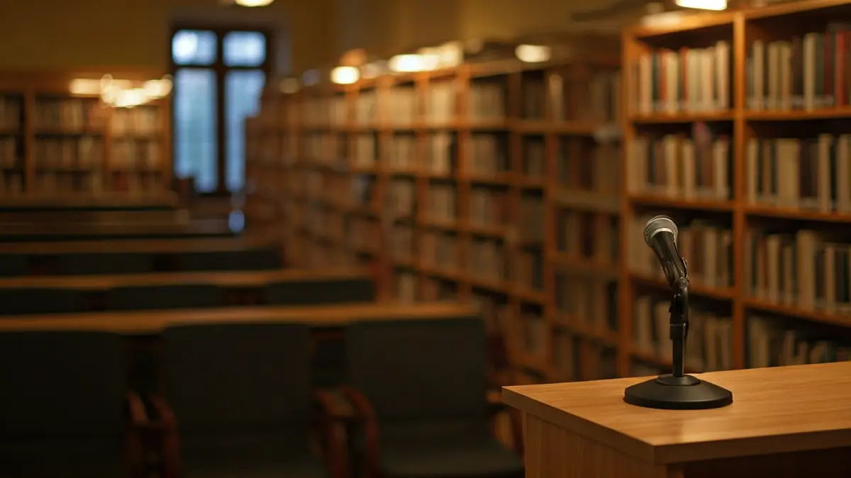 Imaxe xenérica dunha biblioteca con estantes de madeira e un podio con micrófono.