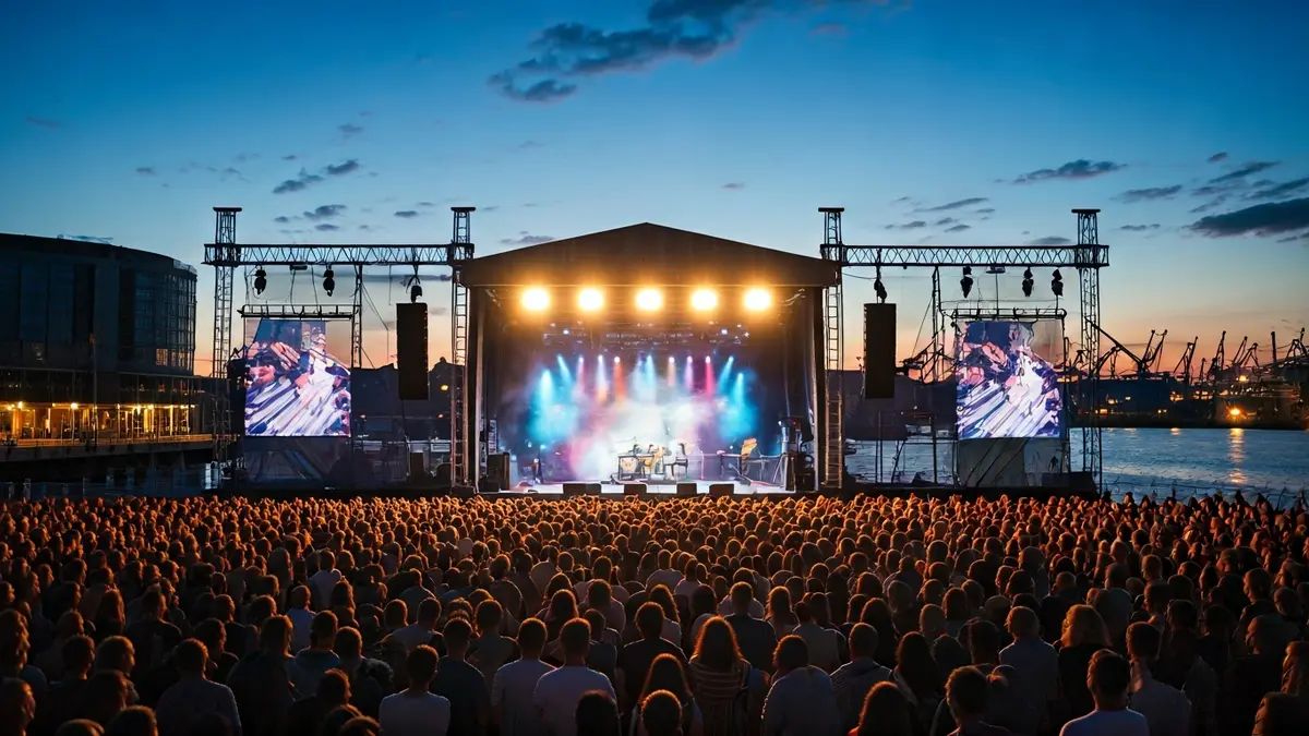 Imaxe xenérica dun escenario de festival de música ao anoitecer, con luces e multitude borrosa nun porto.