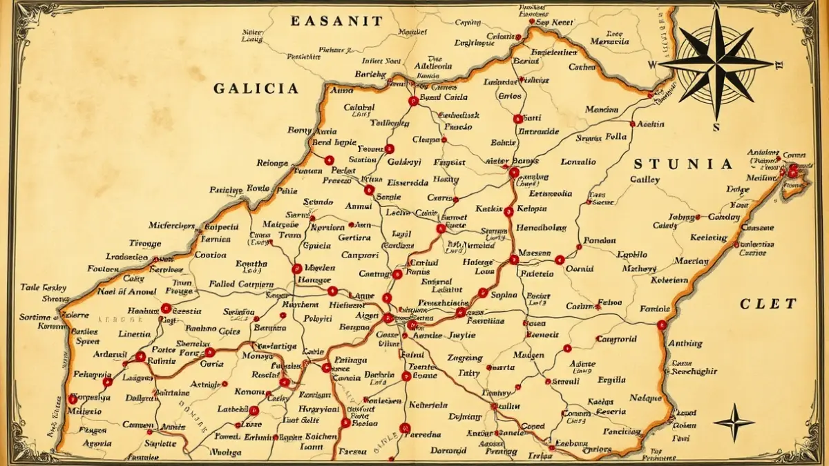 Imaxe dun mapa antigo de Galicia con topónimos resaltados, suxerindo unha actualización.