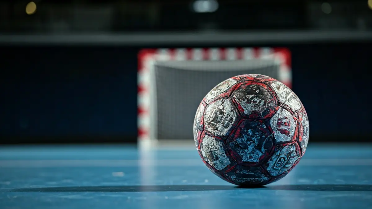 Imagen genérica de un balón de balonmano en una cancha, con la portería al fondo.