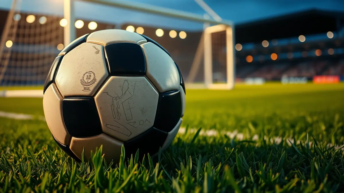 Imaxe xenérica dun balón de fútbol sobre o céspede dun campo.