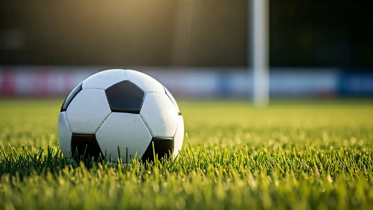 Imaxe xenérica dun balón de fútbol sobre a herba dun campo, coa portería ao fondo.