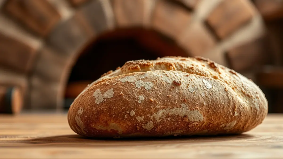 Imagen genérica de una pieza de pan gallego artesanal sobre una superficie de madera.
