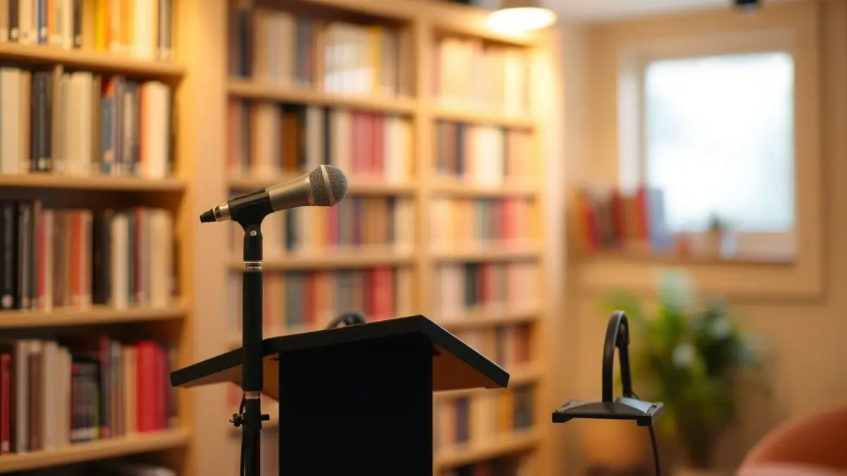 Imagen genérica de un micrófono en un estudio de grabación, con estanterías de libros al fondo.
