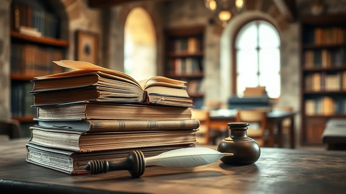Imaxe xenérica de libros antigos e unha pluma, simbolizando a cultura e o legado intelectual.