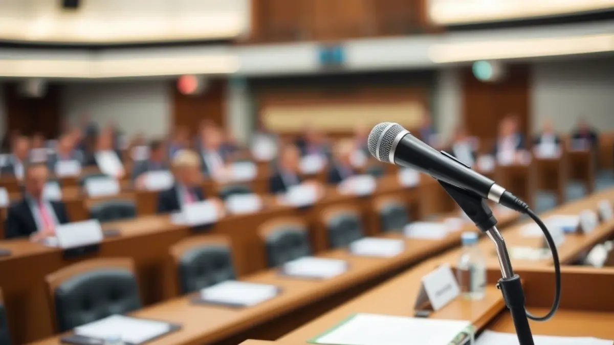 Imaxe xenérica dun micrófono nun podio, representando unha sesión parlamentaria.