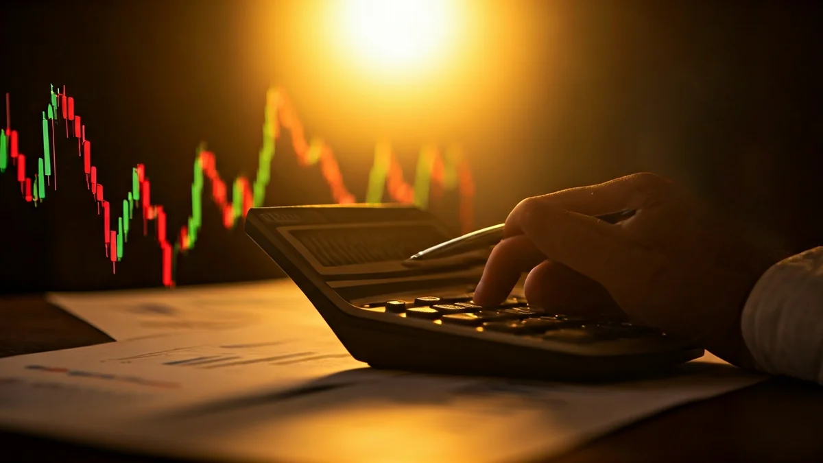 Imagen genérica de una mano sosteniendo una calculadora con gráficos financieros de fondo, simbolizando el análisis de datos económicos.