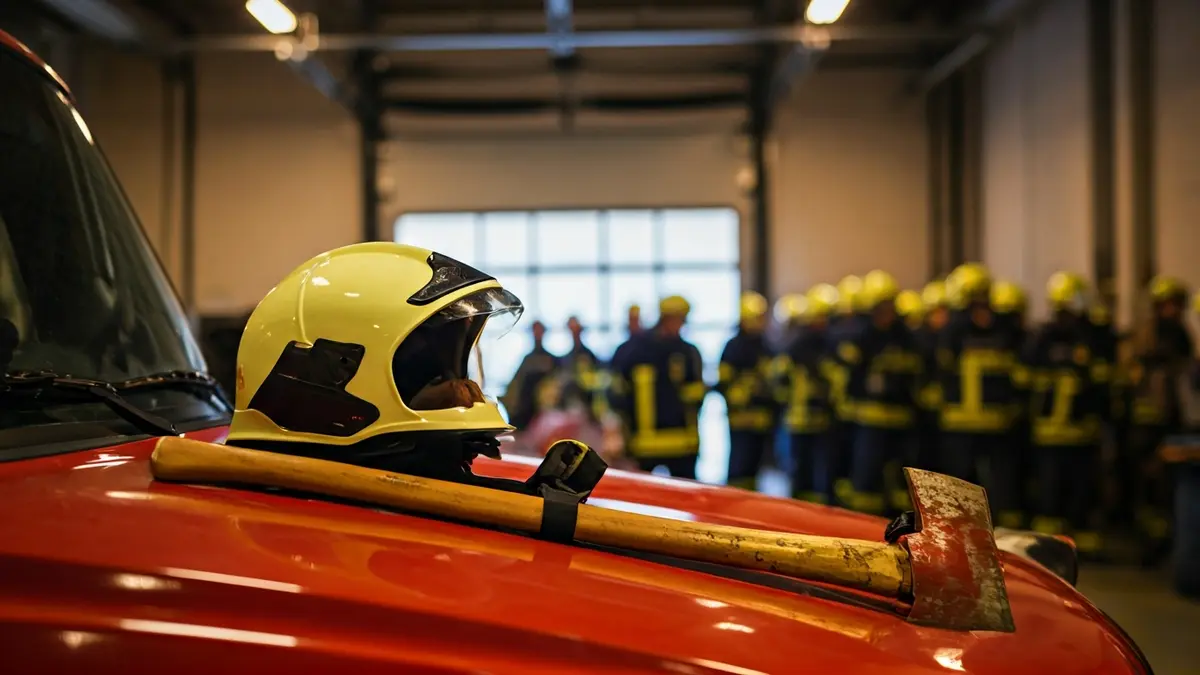 Imaxe xenérica dun casco de bombeiro e un machado sobre un camión de bombeiros.