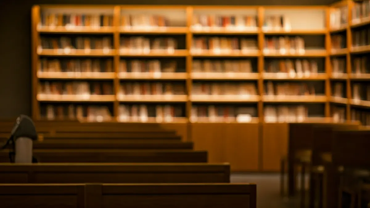 Imagen genérica de una biblioteca con estanterías de madera y un micrófono en un podio.