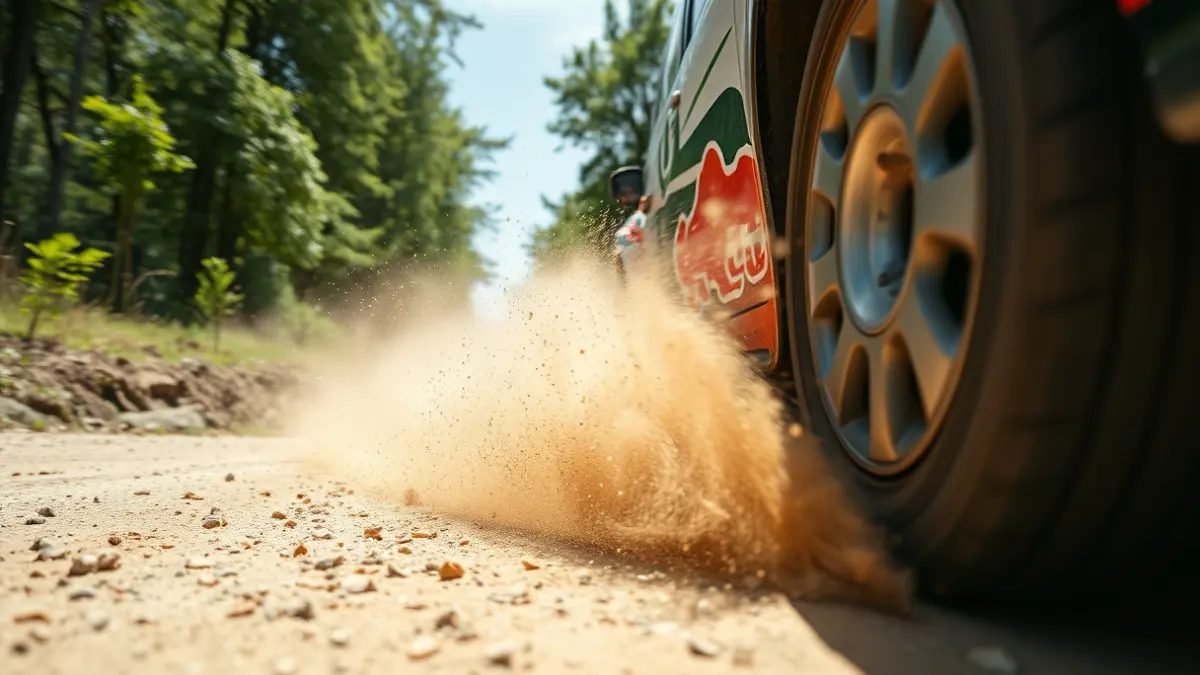Imaxe xenérica dun coche de rally en acción, levantando po na pista.