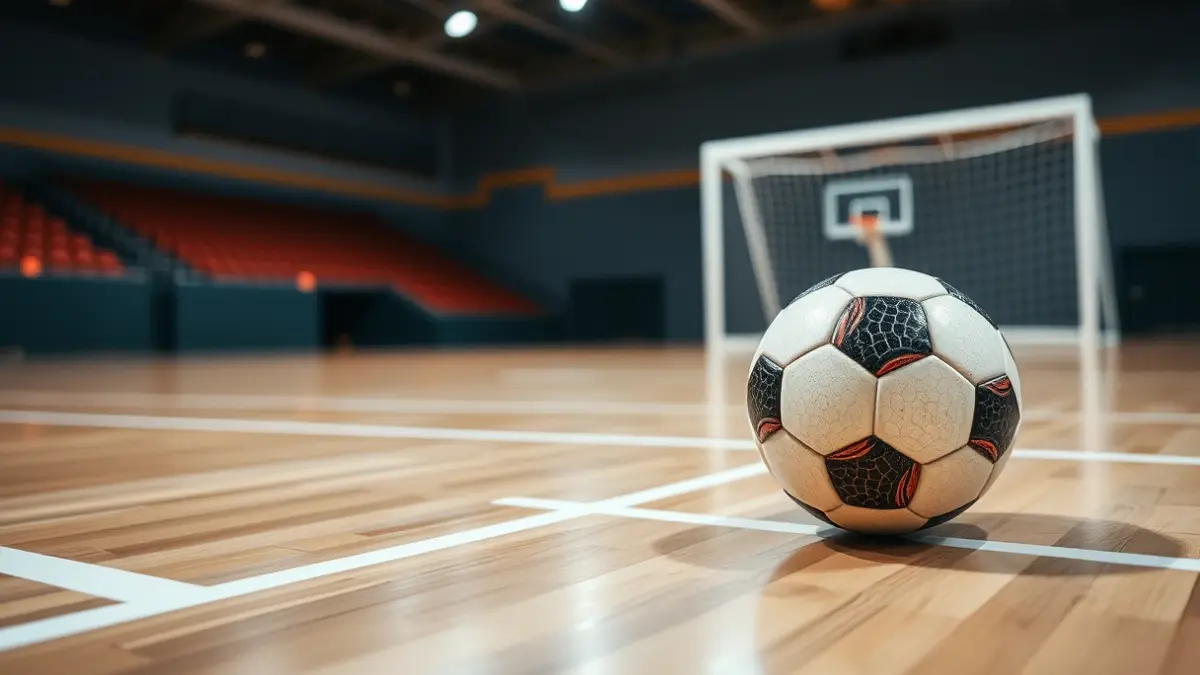 Imaxe xenérica dun balón de fútbol sala nunha cancha.