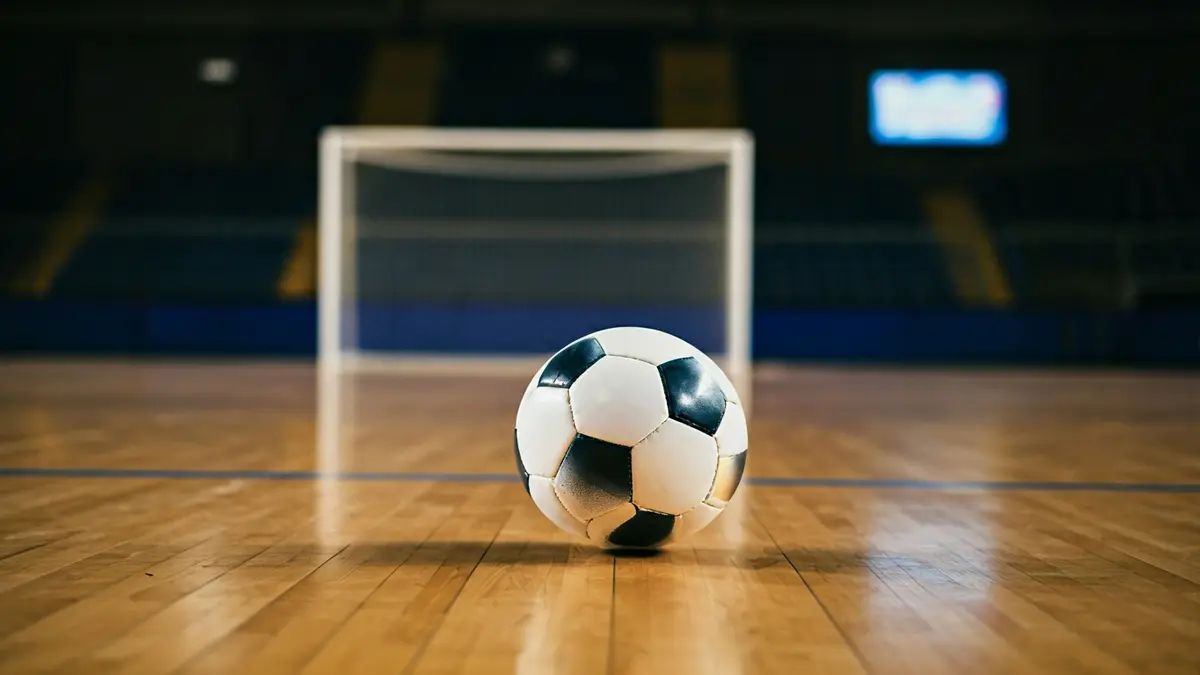 Imaxe xenérica dun balón de fútbol sala nunha cancha de madeira.
