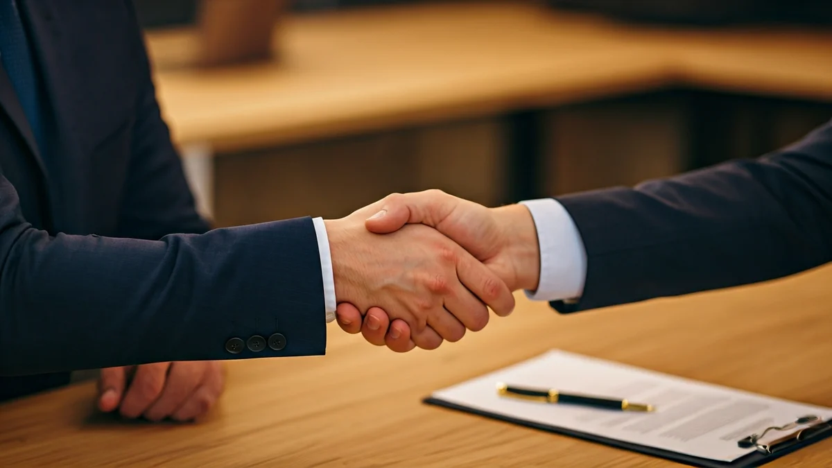 Imaxe xenérica de dúas mans estreitándose sobre un escritorio, simbolizando apoio empresarial.