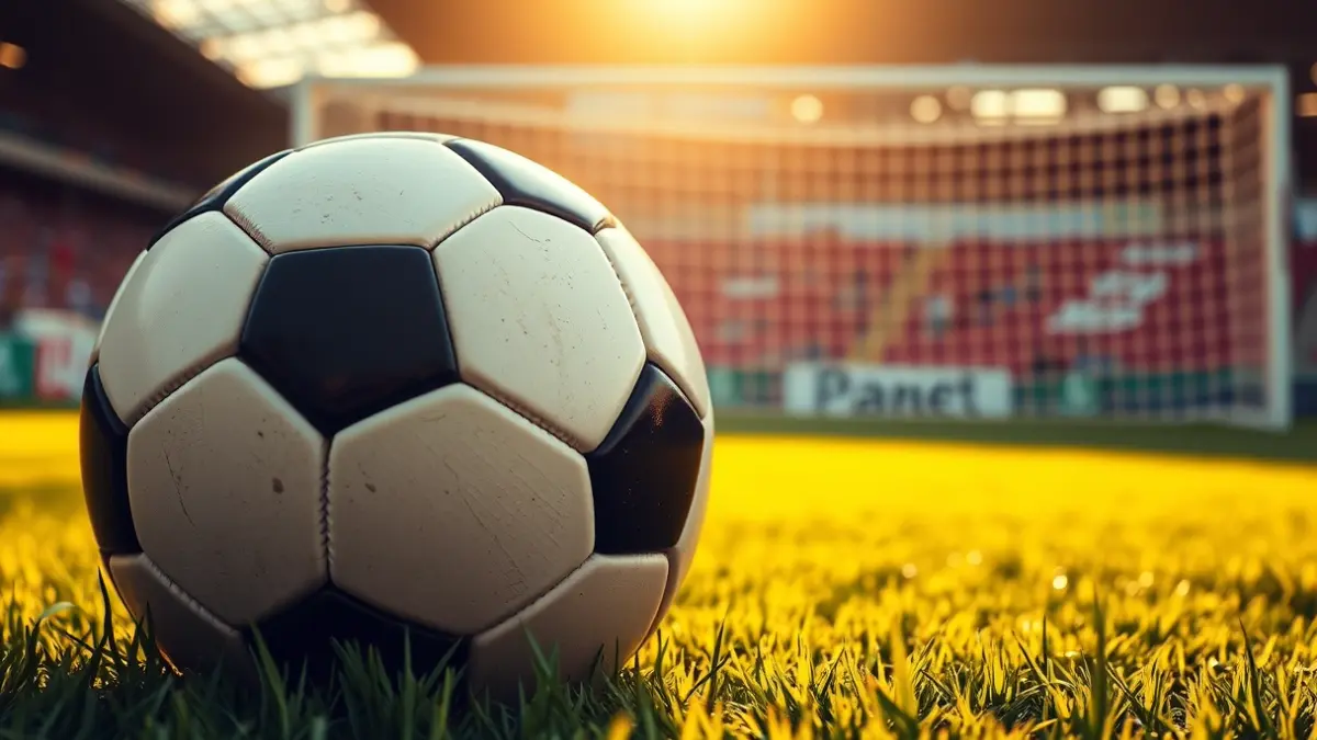 Imaxe xenérica dun balón de fútbol sobre o céspede dun campo.