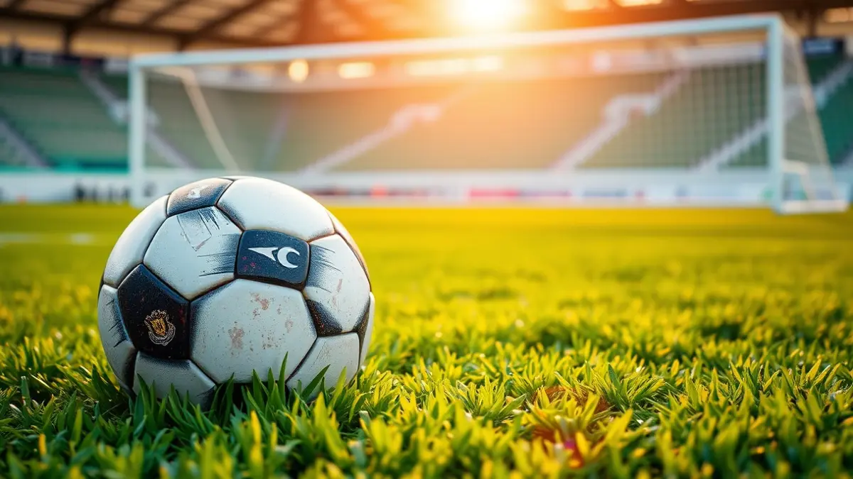 Imaxe xenérica dun balón de fútbol sobre o céspede dun campo.