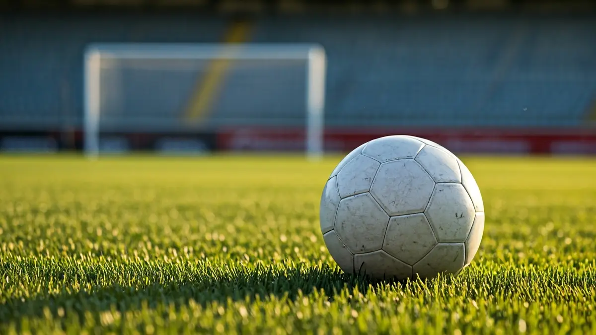 Imaxe xenérica dun balón de fútbol sobre a herba dun campo, coa rede da portería ao fondo.