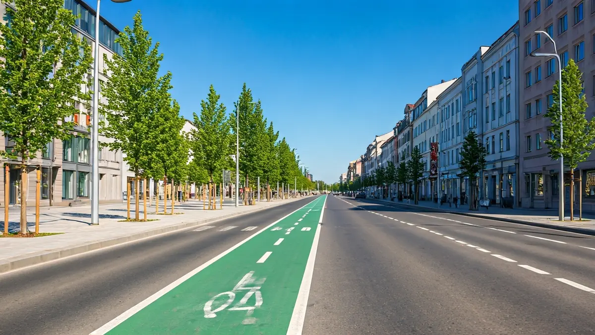 Imaxe xenérica dunha rúa urbana humanizada con carril bici e árbores.